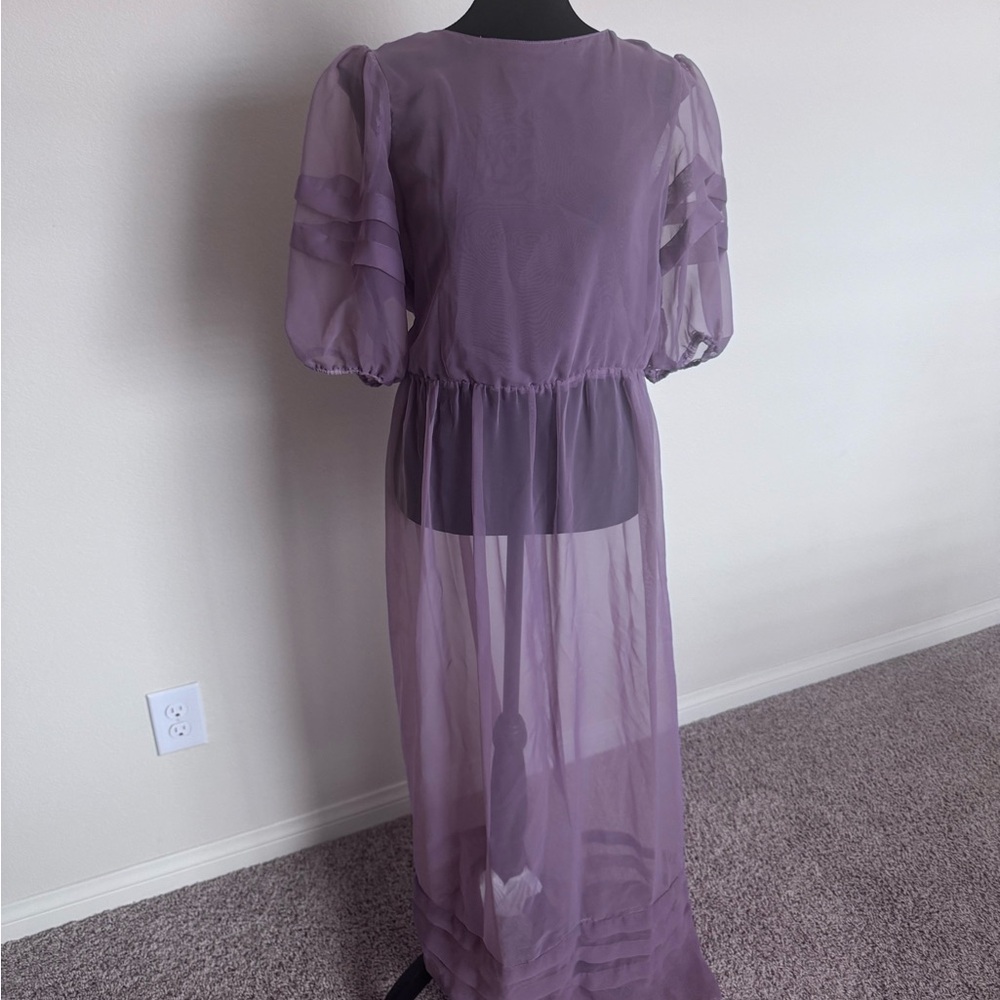 Vintage 70s Lavender Sheer Nightgown | Romantic Empire Waist Puff Sleeve | S
